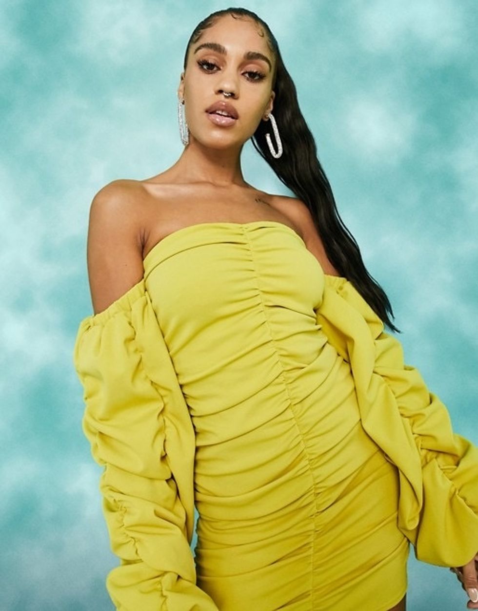 asos-design-extreme-ruched-bardot-mini-dress-in-chartreuse