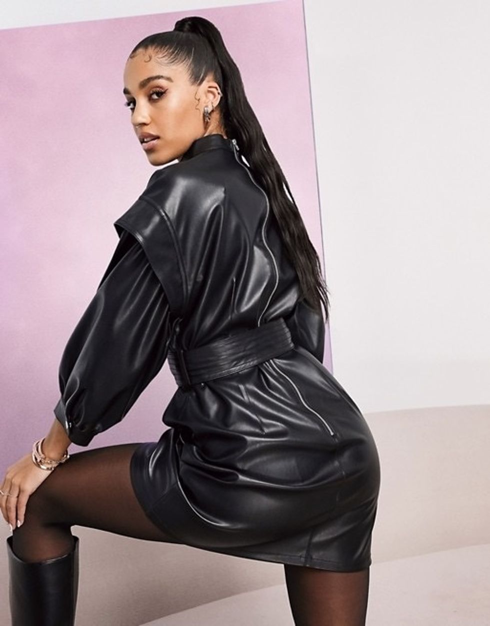 asos-design-leather-look-high-neck-tuck-sleeve-mini-dress-with-belt