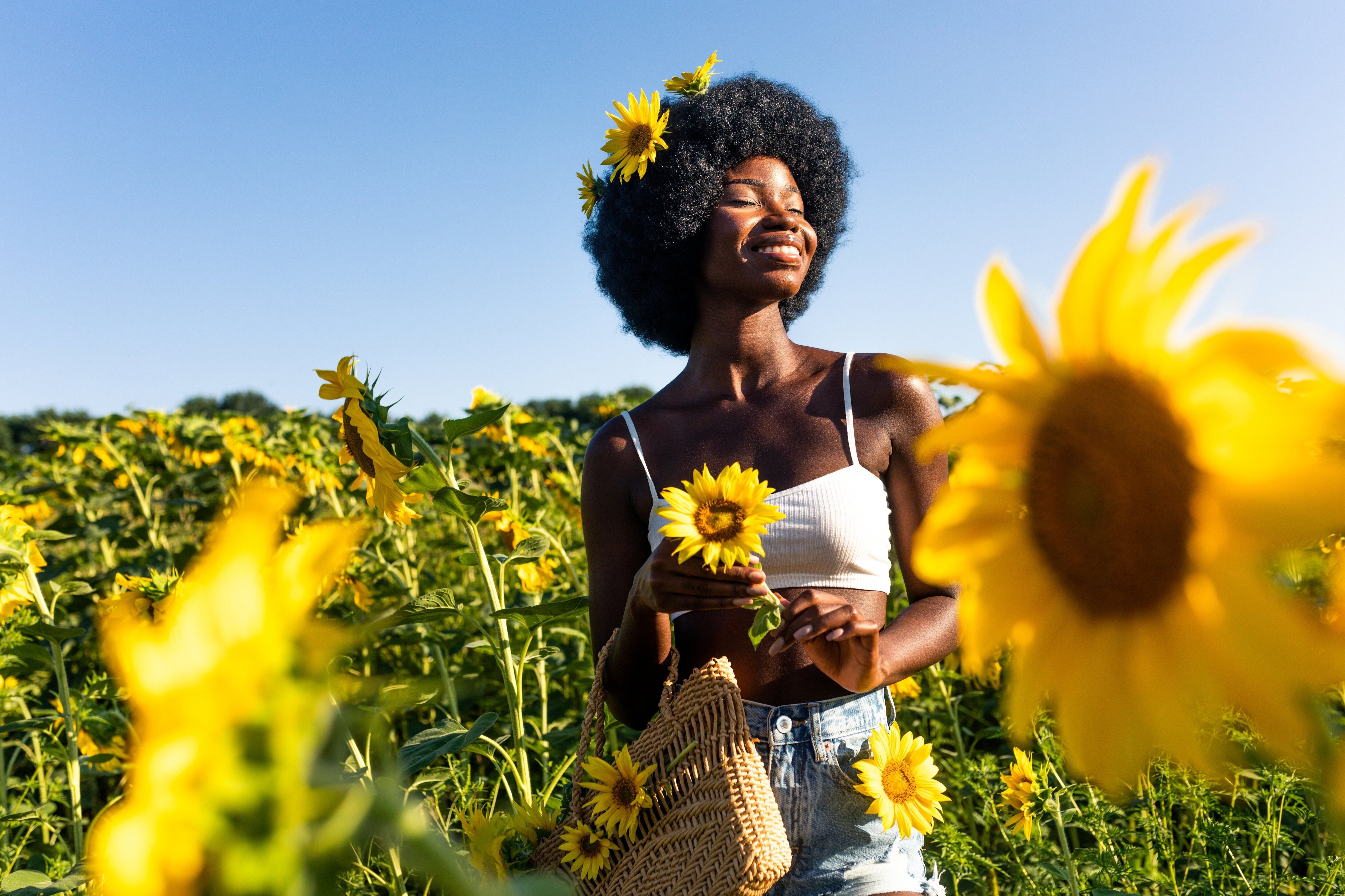 Beautiful african woman with curly afro style hair in a sunflowers field