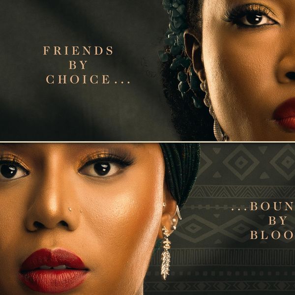 In the top right corner is a Black woman with red lipstick and in the bottom left corner is a different Black woman also in red lipstick. The words next to them say "Friends by choice...bound by blood."