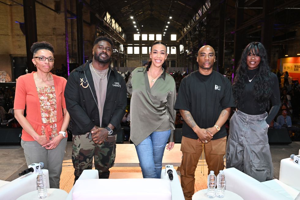 (L-R) Shawn Bethea, Jay Barnett, Devi Brown, Charlamagne tha God and Amber Grimes
