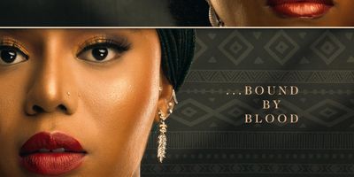 In the top right corner is a Black woman with red lipstick and in the bottom left corner is a different Black woman also in red lipstick. The words next to them say "Friends by choice...bound by blood."