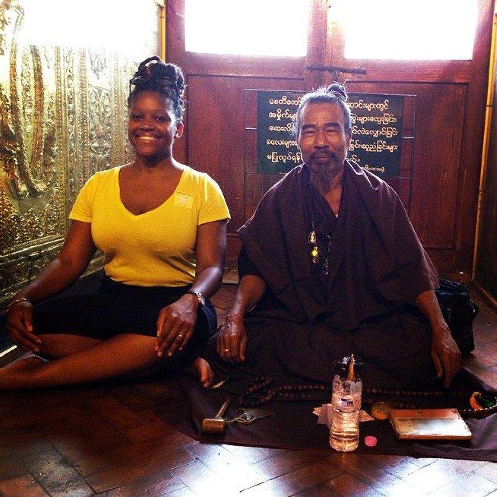 Rachel at the Shwedagon Pagoda in Myanmar