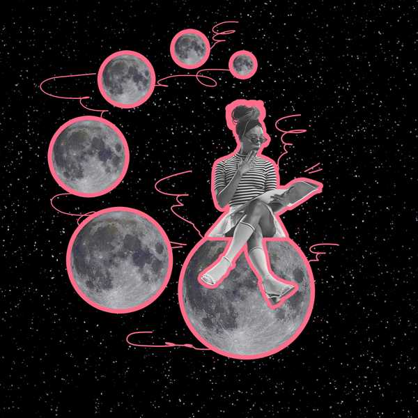 Young-woman-sitting-on-a-full-moon-art-collage-of-many-full-moons